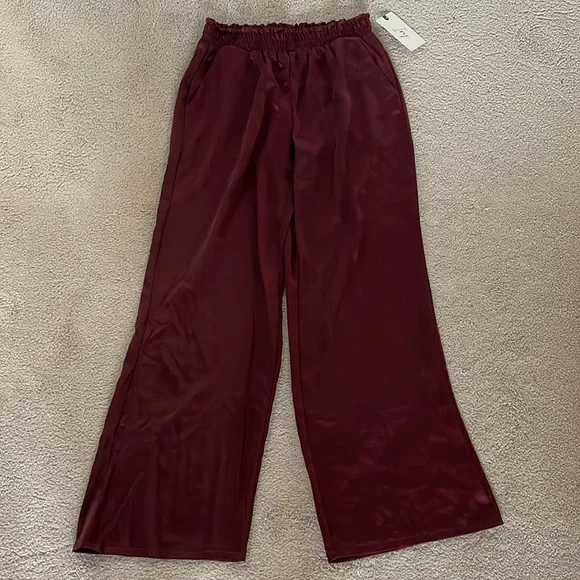 IVY Smocked Waist Satin Pull-On Wide Leg Pant with Pockets, sz S - Picture 3 of 14